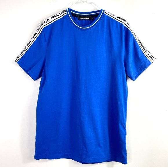 Karl Lagerfeld Spell Logo Tape Sleeve T-Shirt Blue - Picture 3 of 9